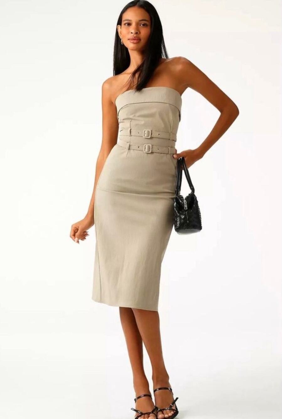 Maeve Anthropologie Strapless Belted Neutral 90s Bodycon Fitted Midi Dress XS